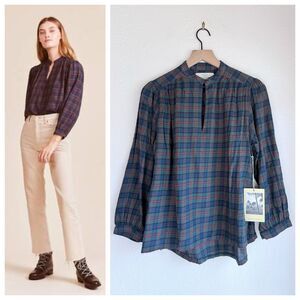 NEW Trovata Birds of Paradis Bailey Blouse in Tinsel Tartan Navy Red Green Gold